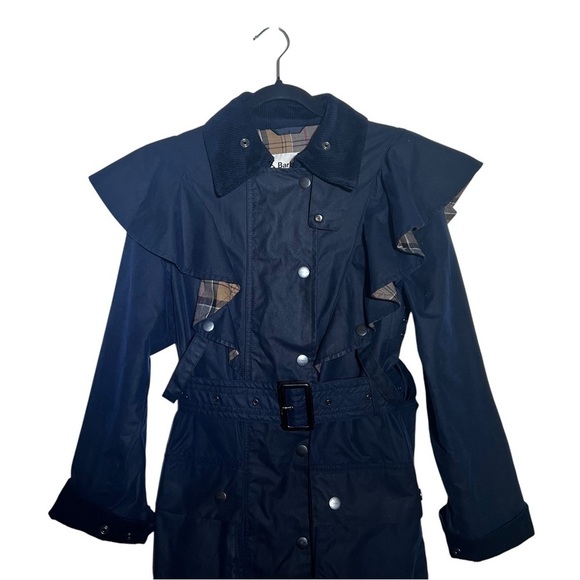 Barbour x Chloé Navy Blue Dany Dani Ruffled Waxed Trench Coat Chloe US 2 - Picture 3 of 16